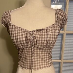 Caution To The Wind Brown Checkered Crop Top